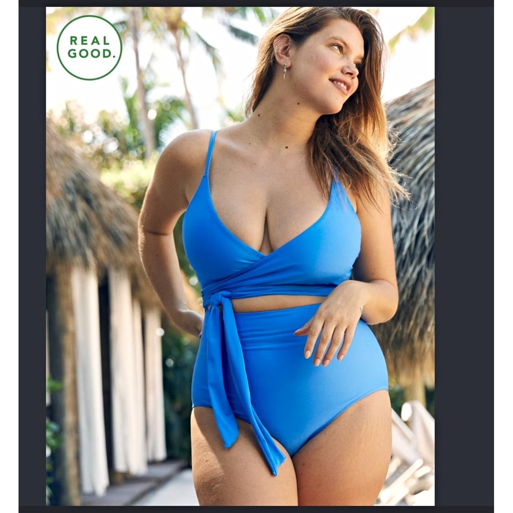 Aerie Blue Solid One Piece Swimsuit Wrap Tie Straps Full Coverage Womens Sz L